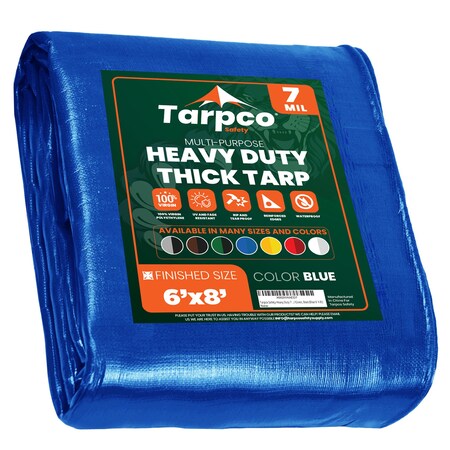 Tarpco Safety Heavy Duty Tarp, 8 ft L x 0.5 mm H x 6 ft W, 7 Mil, Blue, Polyethylene TS-205-6X8